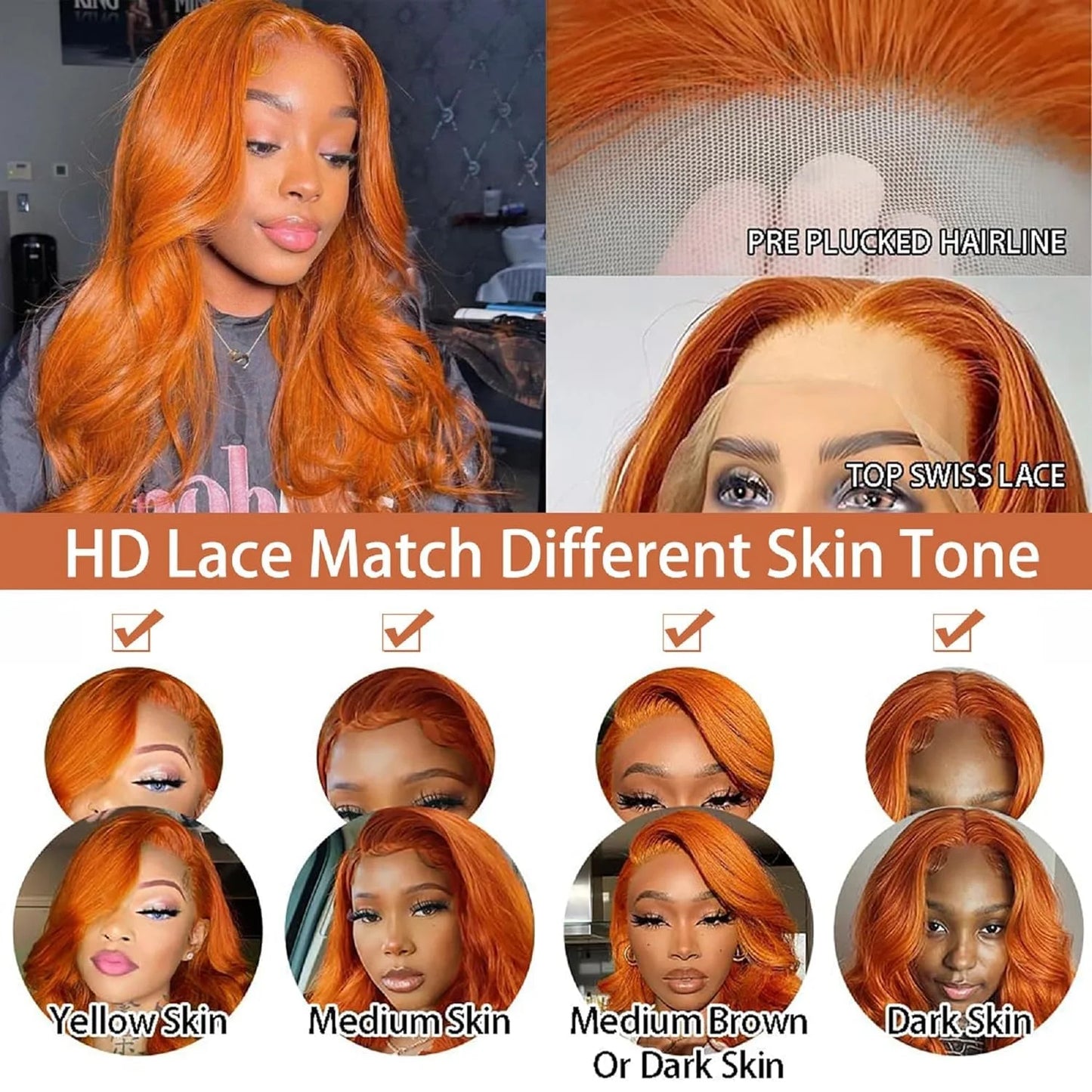 30-34 Inch Body Wave HD Lace Wig Orange Ginger, 13x6 Pre-Plucked Glueless Colored Human Hair Lace Front Wig for Women, 250% Density