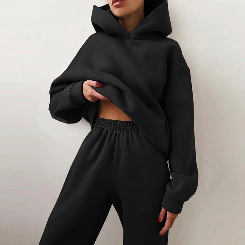 Women’s Hooded Tracksuit 2-Piece Set Pullover Sweatshirt & Ankle Length Pants Casual Streetwear Outfit for Autumn/Winter