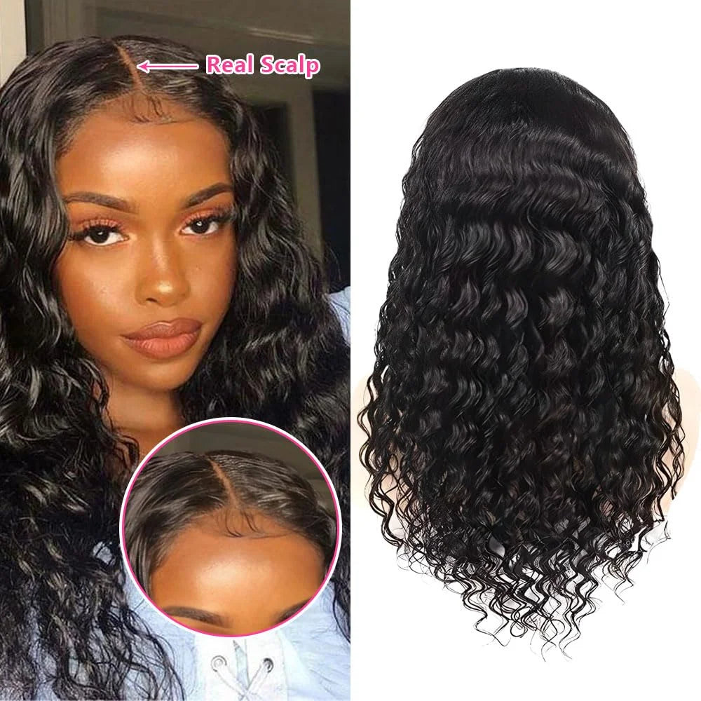 30-32 Inch Deep Wave V/U Part Human Hair Wig No Glue, No Leave Out, Thin Part Peruvian Curly Wig