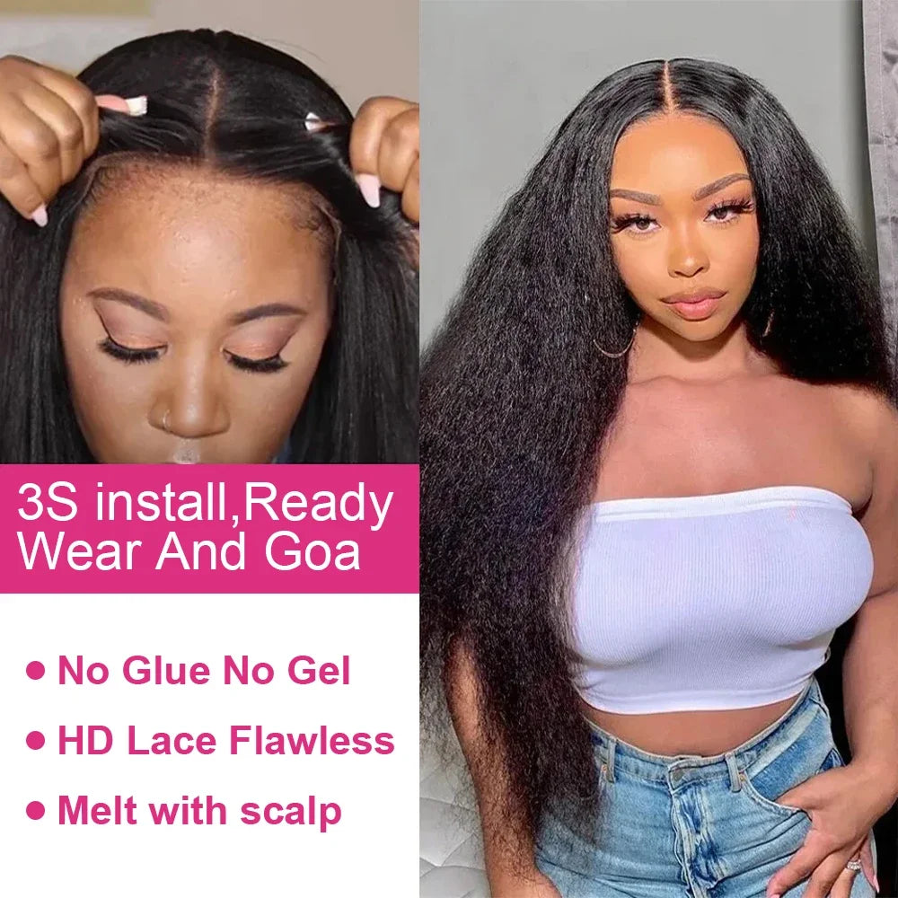 250% Density Kinky Straight Glueless Wig 13x6 HD Yaki Straight Lace Front Human Hair Wig Ready To Wear 30-36 Inch Lengths