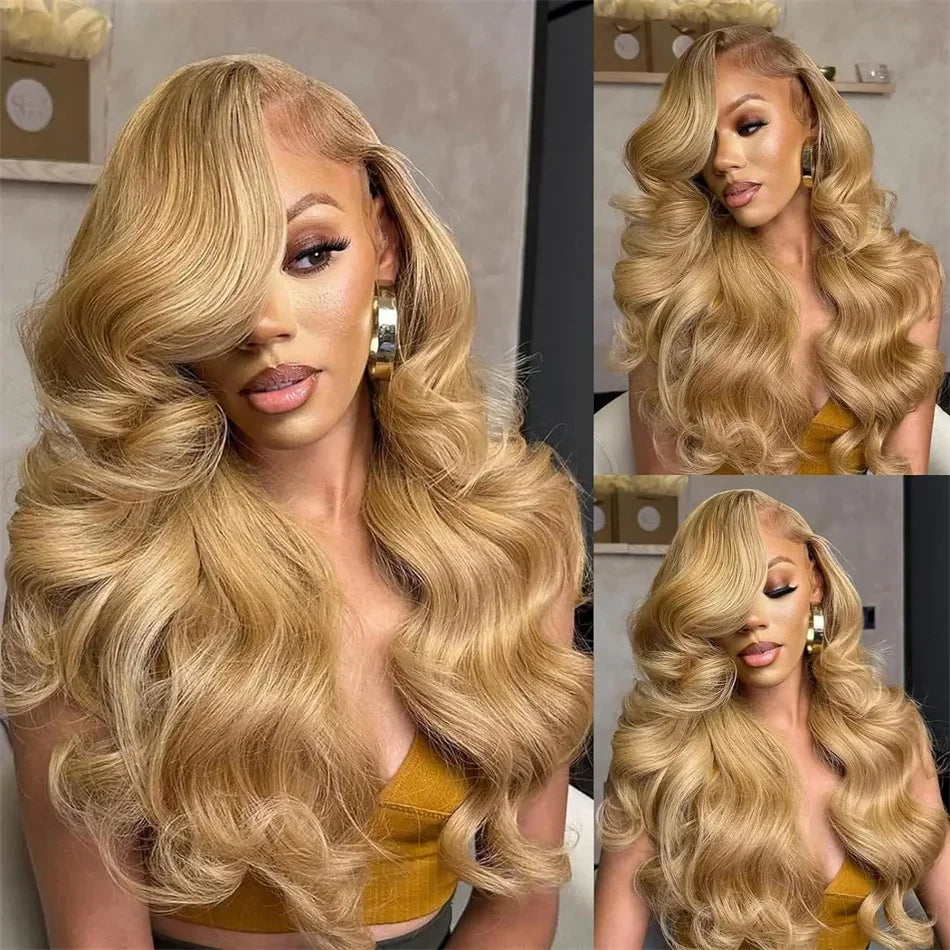 30-34 Inch #27 Honey Blonde Body Wave Lace Front Wig 100% Virgin Human Hair 13x6 HD Transparent Lace 220% Density