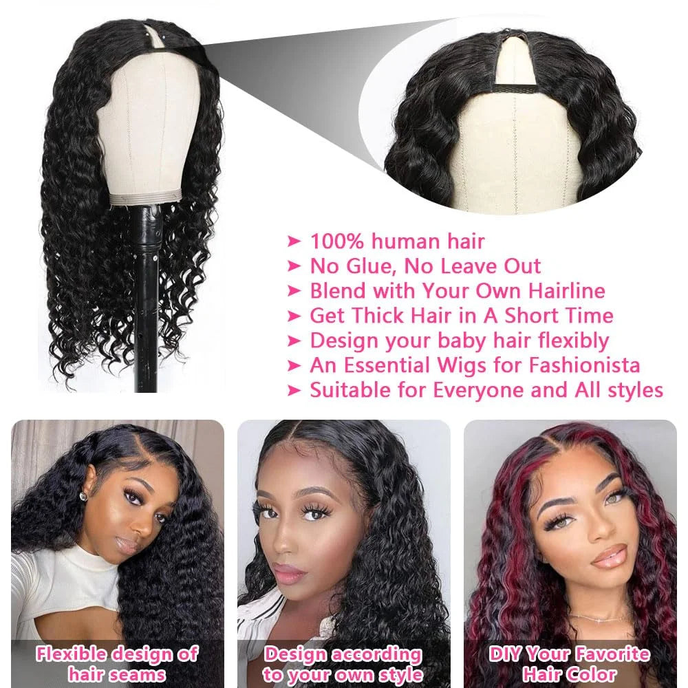 30-32 Inch Deep Wave V/U Part Human Hair Wig No Glue, No Leave Out, Thin Part Peruvian Curly Wig