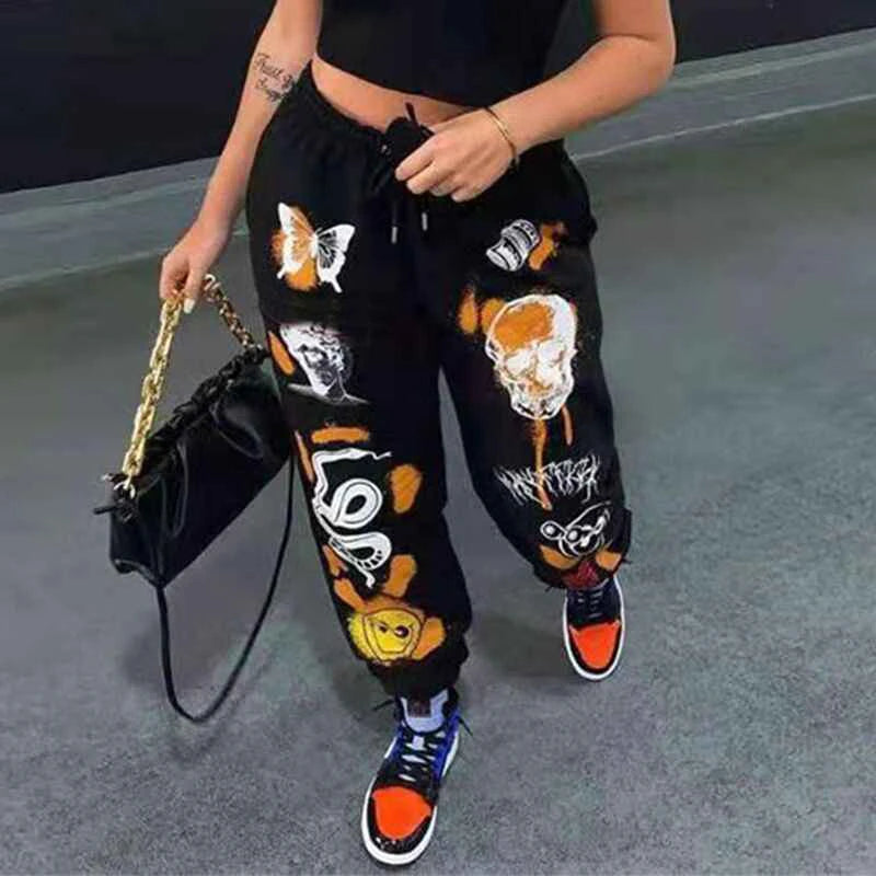 Women's High-Waist Skull Print Jogger Sweatpants – Casual Streetwear Hip Hop Pants for Winter