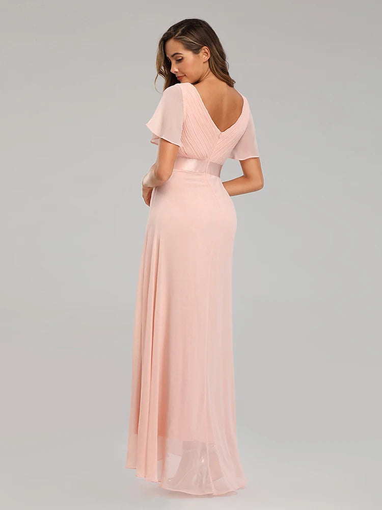 Elegant V-Neck Ruffles Chiffon Formal Evening Gown Robe Vestidos De Fiesta Dress for Wedding Party