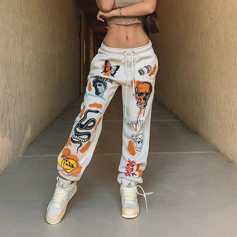 Women's High-Waist Skull Print Jogger Sweatpants – Casual Streetwear Hip Hop Pants for Winter