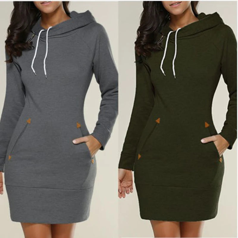 Women‘s Hooded Knee-Length Pockets Dress  Warm Sweat Shirt Long Sleeve Side Zip Neckline Sports Skirt