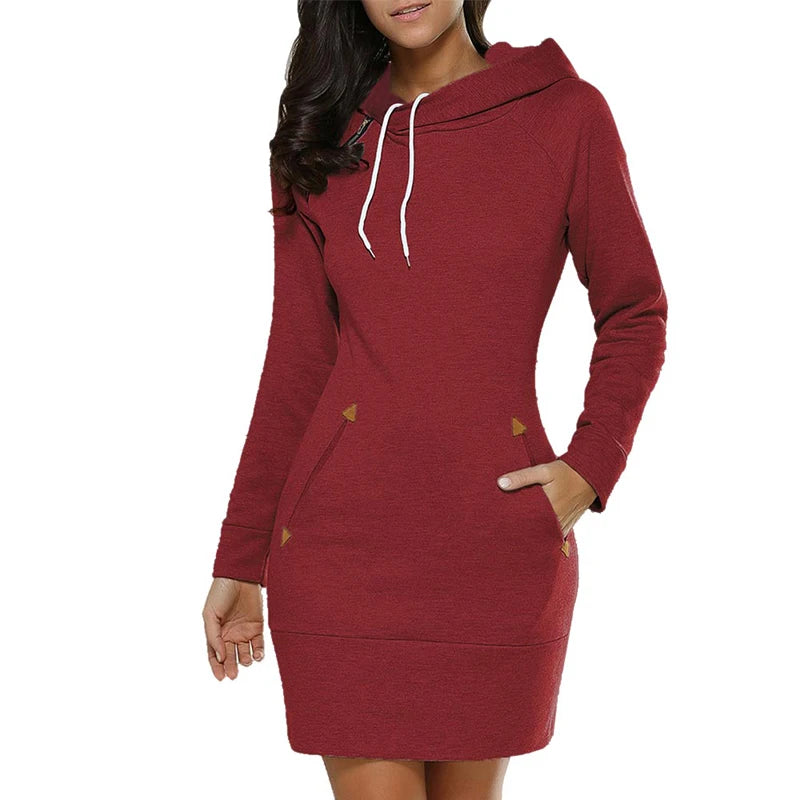 Women‘s Hooded Knee-Length Pockets Dress  Warm Sweat Shirt Long Sleeve Side Zip Neckline Sports Skirt