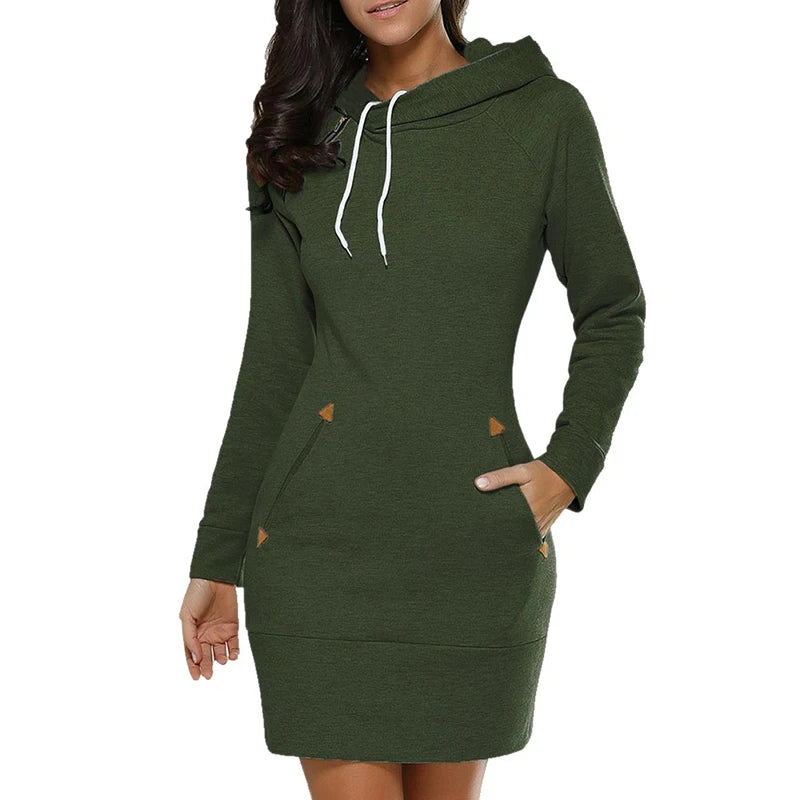 Women‘s Hooded Knee-Length Pockets Dress  Warm Sweat Shirt Long Sleeve Side Zip Neckline Sports Skirt