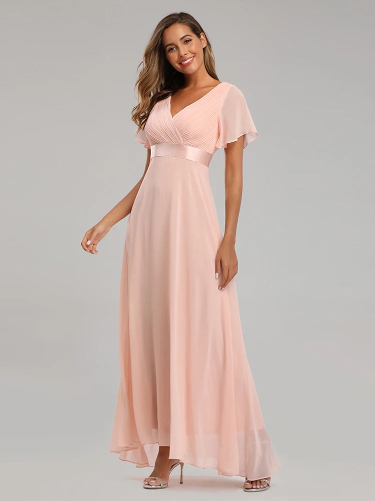 Elegant V-Neck Ruffles Chiffon Formal Evening Gown Robe Vestidos De Fiesta Dress for Wedding Party