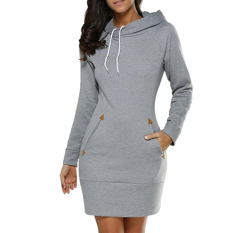 Women‘s Hooded Knee-Length Pockets Dress  Warm Sweat Shirt Long Sleeve Side Zip Neckline Sports Skirt