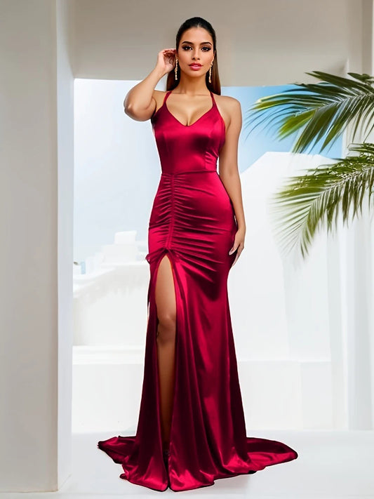 Sexy V Neck Sleeveless Long Satin Evening Dress Wedding Party Bridesmaids Split Mermaid Gown