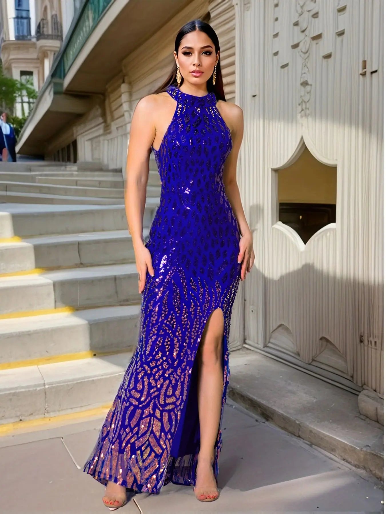 Women's Sexy Backless Shiny Sequined Evening Maxi Party Gown Front Slit Slim Fit Sleeveless Prom Night Out Dress