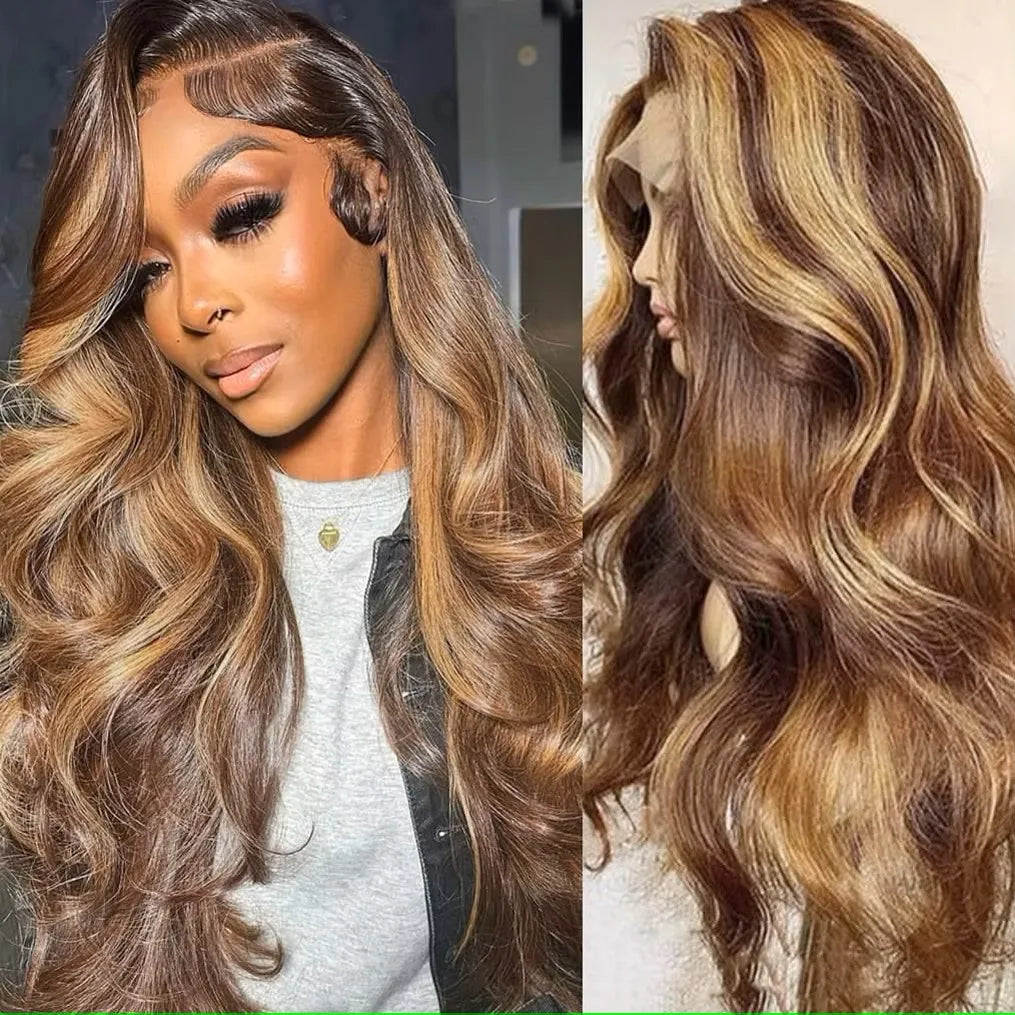 34-36 Inch Ombre Body Wave Lace Front Wig 13x4 & 13x6 200% Density Highlighted Brown Human Hair Wig