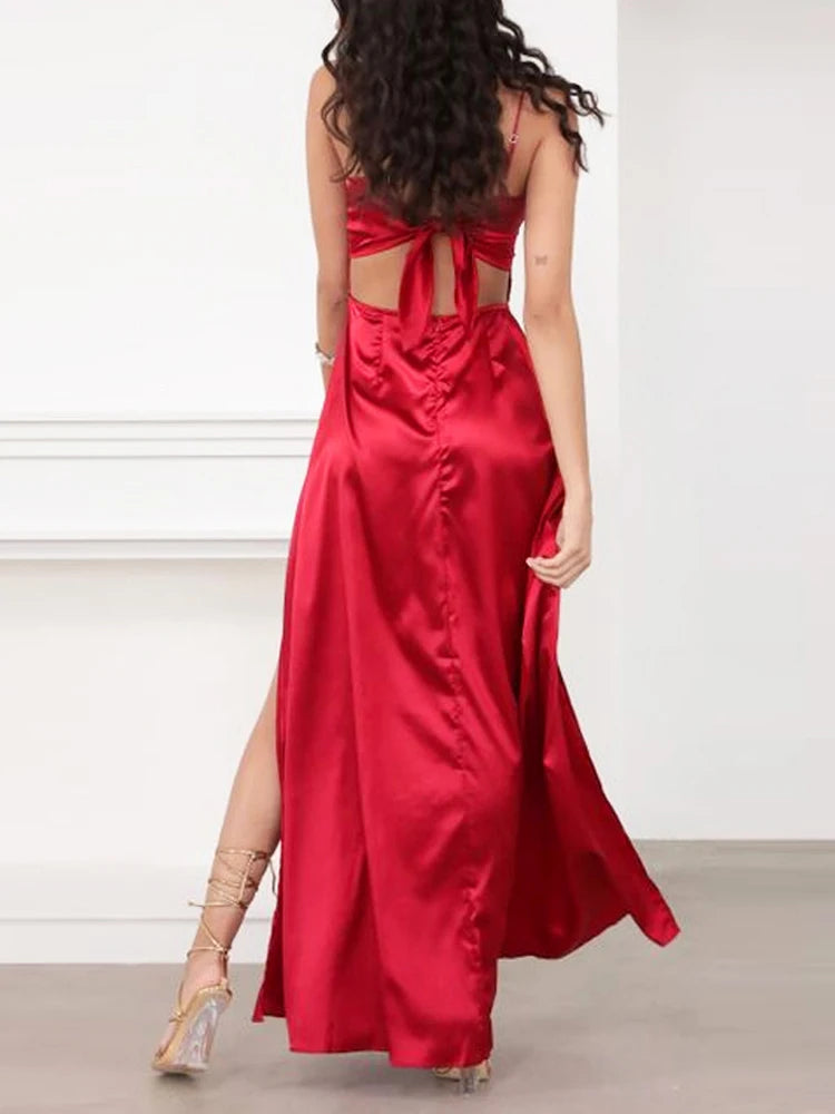 Sexy Long Satin Strapless Maxi Dress Backless Bow Straps Lace-Up Party Gown for Birthday & Graduation in Red & Green