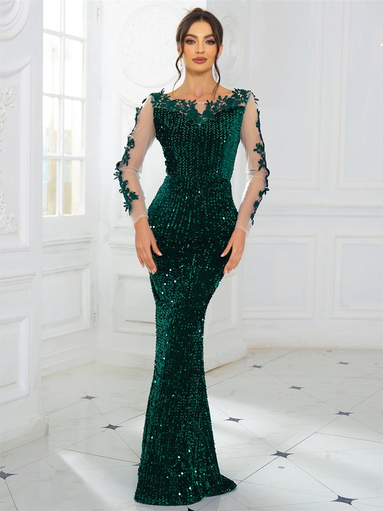 Long Sleeve Evening Maxi Dress Green Burgundy Royal Blue Hollow Out Lace Patchwork Sequin Prom Gown