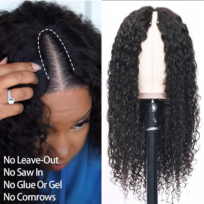 30-32 Inch Deep Wave V/U Part Human Hair Wig No Glue, No Leave Out, Thin Part Peruvian Curly Wig