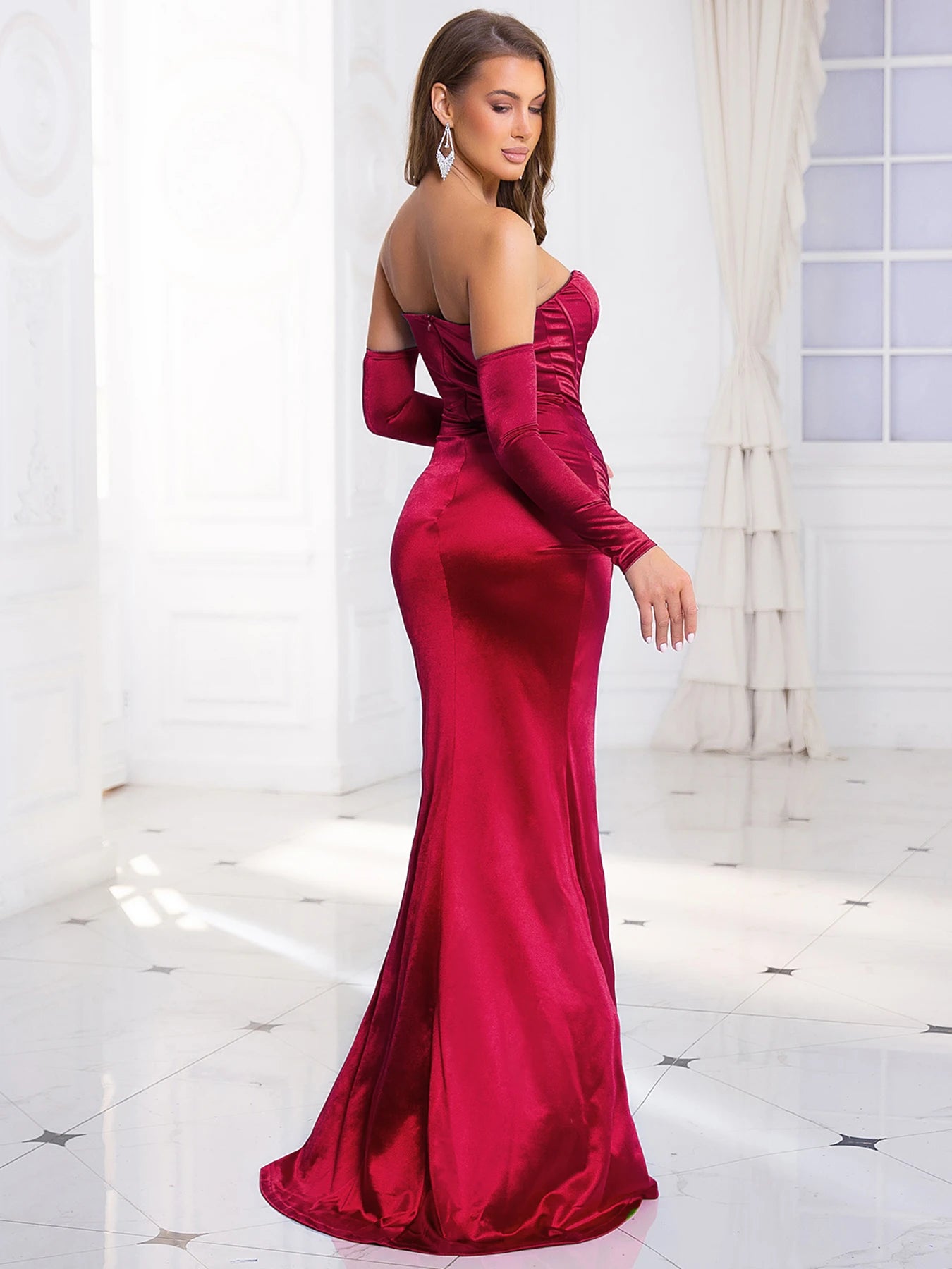 Women's Sexy Strapless Satin Prom Dress with Gloves Ruched Boning Backless Evening Party Bridesmaid Gown