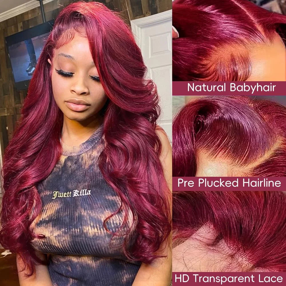 250% Burgundy 99J Body Wave 13x6 Hd Lace Frontal Human Hair Wig Transparent Lace Front Wigs For Women Brazilian Red Colored Wig