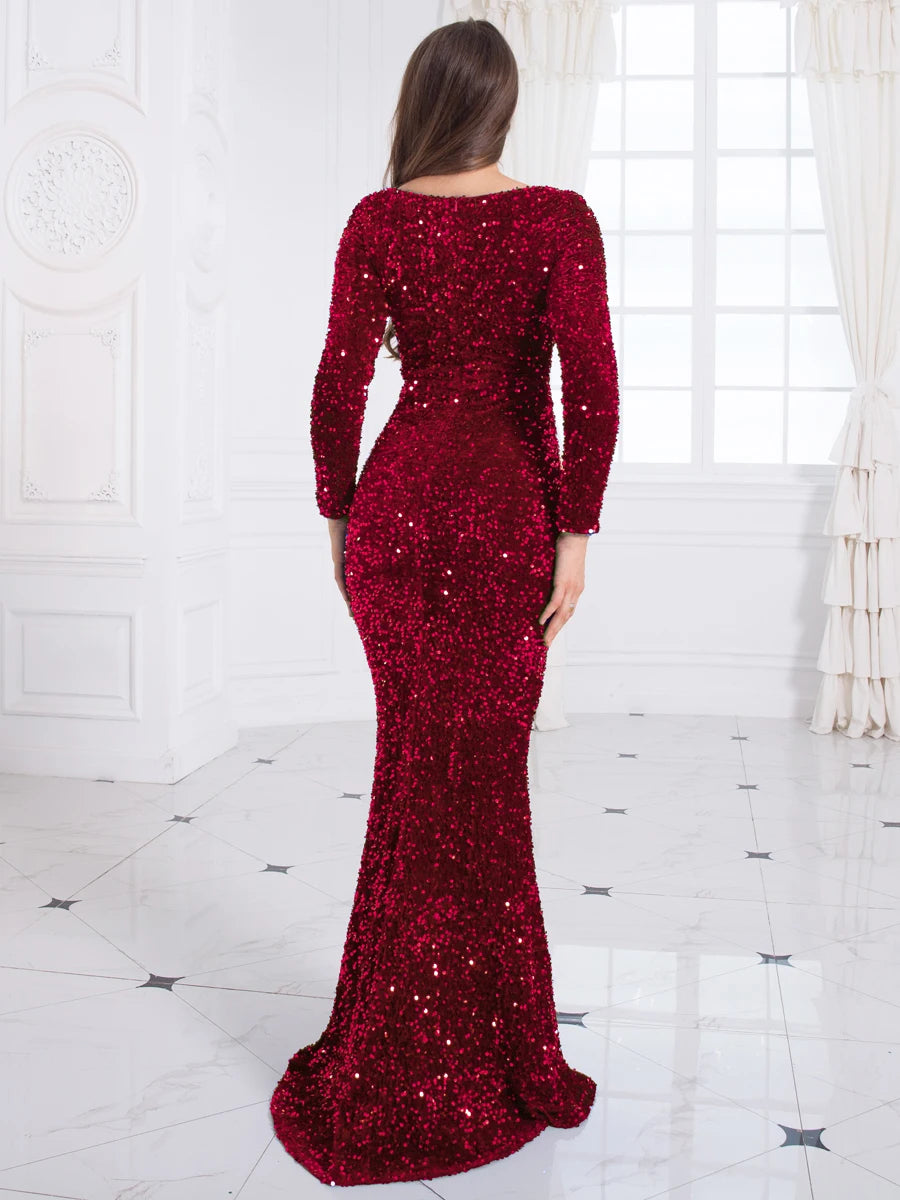 Stretch Sequin Full-Sleeved Bodycon Evening Maxi Dress Floor Length Party Gown in Red Gold & Green