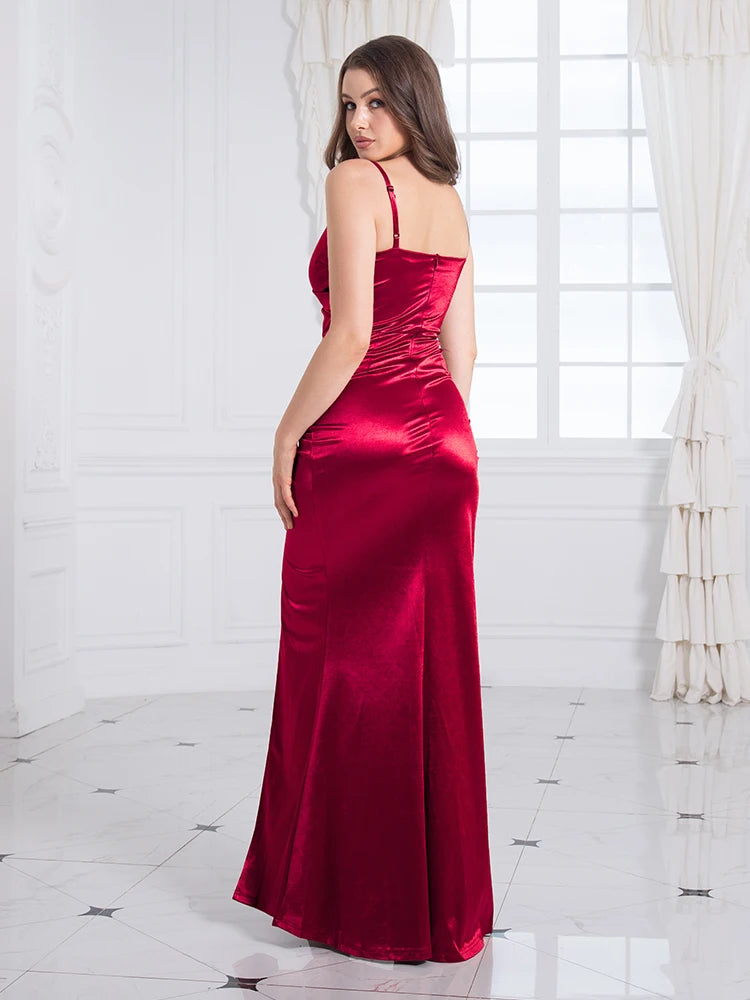 Sexy V-Neck Sleeveless Satin Maxi Dress Ruched Bodycon Gown with Front Slit & Backless Design