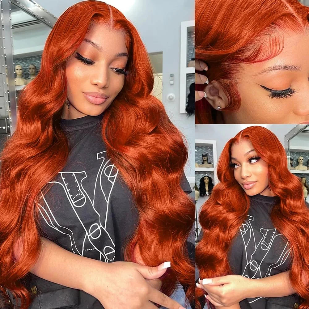 250% Density Body Wave HD Lace Wig in Orange Ginger 13x6 Pre-Plucked Glueless Lace Front Human Hair Wig 30-34 Inch