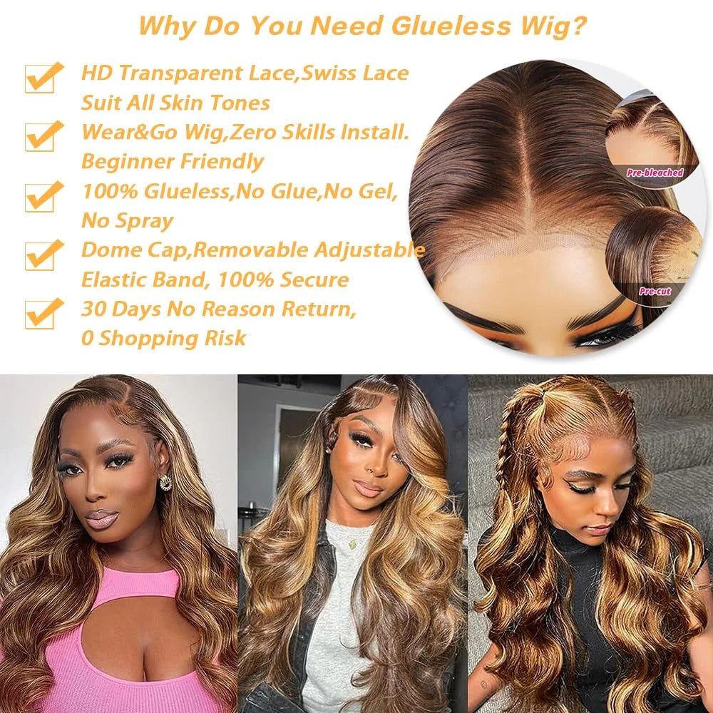 30-34 Inch Highlight Honey Blonde Body Wave Glueless Wig Ready To Wear Pre-Plucked 6x4 HD Lace Front Human Hair Wig