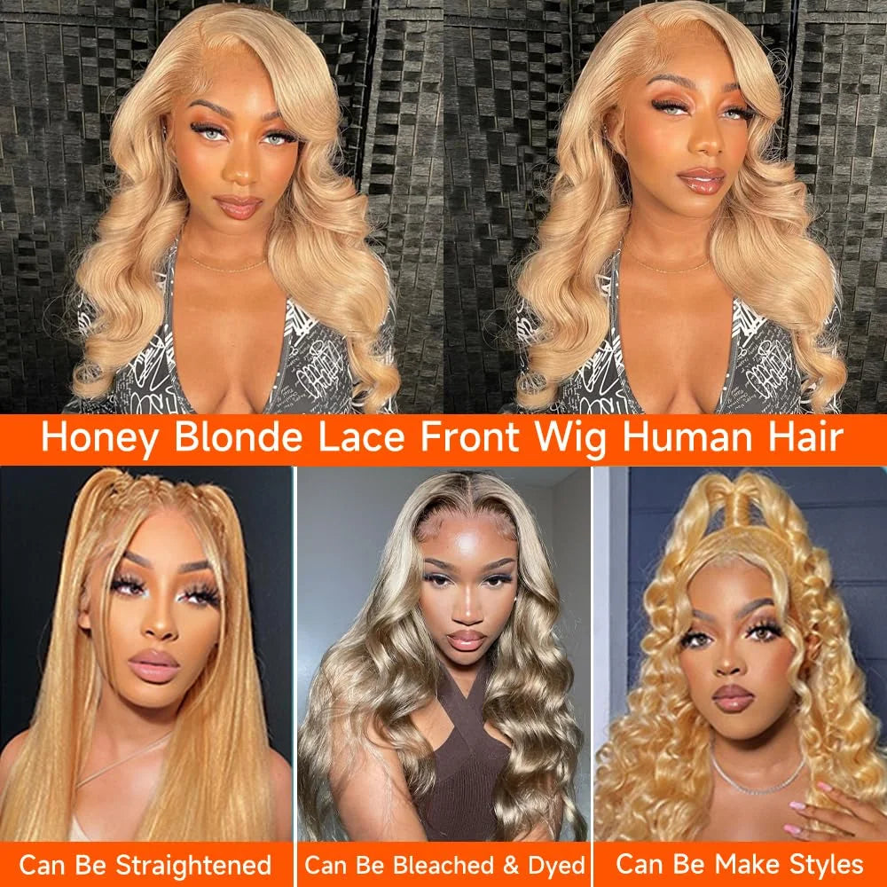 30-34 Inch #27 Honey Blonde Body Wave Lace Front Wig 100% Virgin Human Hair 13x6 HD Transparent Lace 220% Density