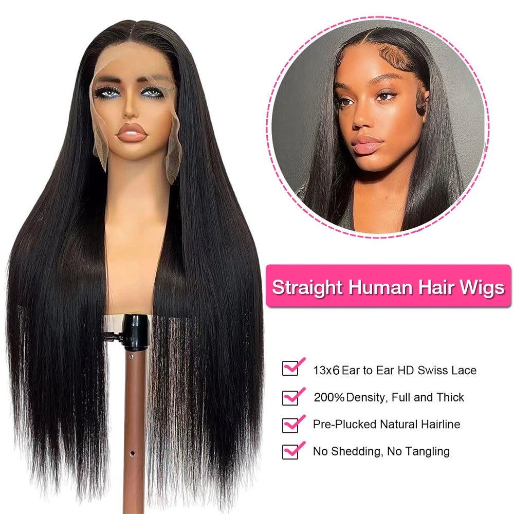 250% Density 13x6 HD Straight Lace Front Wig Glueless, Pre-Plucked 13x4 Transparent Lace Human Hair Wig 30-38 Inch