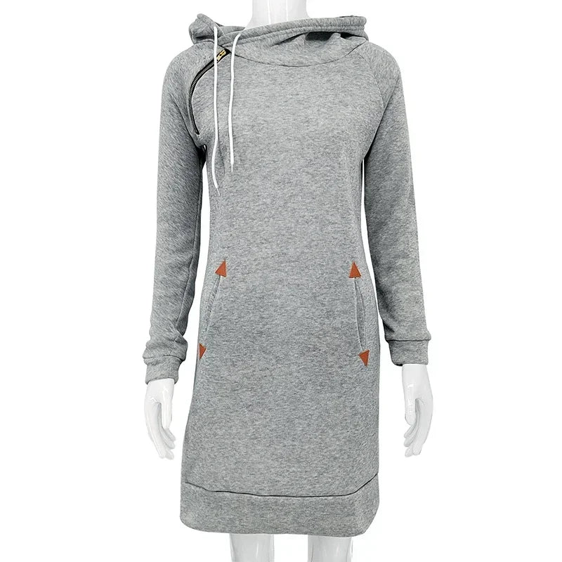 Women's Casual Hooded Midi Dress Warm Daily Sweatshirt with Zip Neckline & Pockets Simple Sporty Skirt for Spring/Autumn