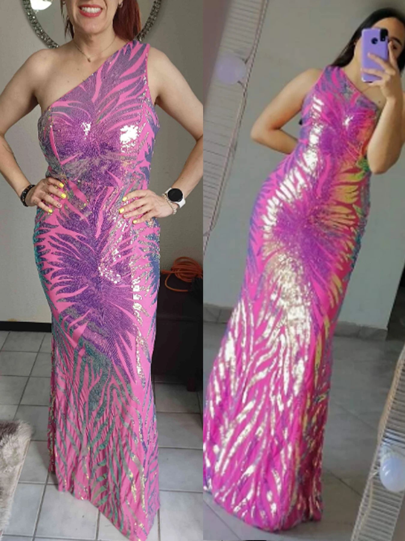 Lavender Pink One Shoulder Sequin Maxi Dress Sleeveless Floor-Length Evening Party Prom Gown