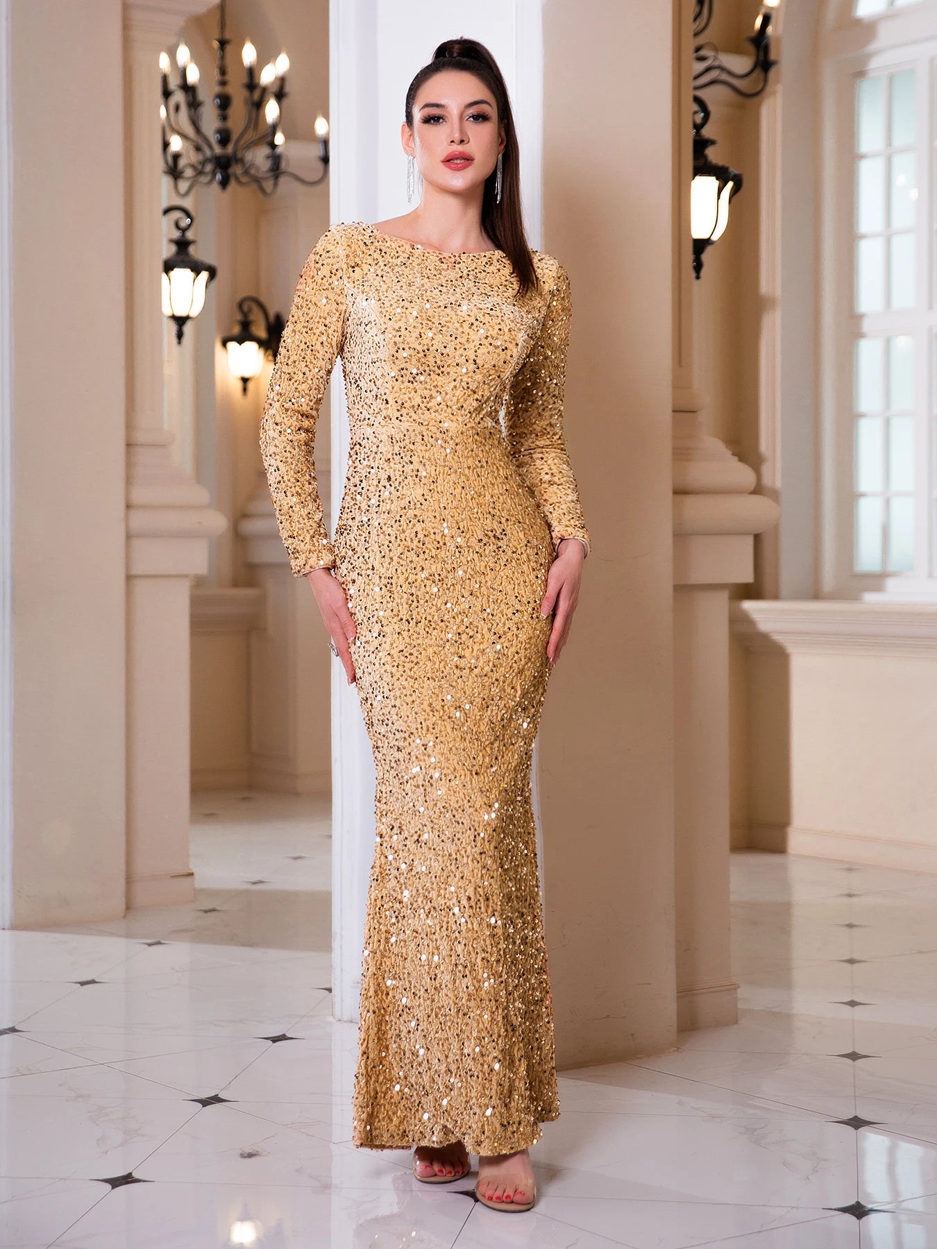 Stretch Sequin Full-Sleeved Bodycon Evening Maxi Dress Floor Length Party Gown in Red Gold & Green