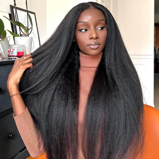 250% Density Kinky Straight Glueless Wig 13x6 HD Yaki Straight Lace Front Human Hair Wig Ready To Wear 30-36 Inch Lengths