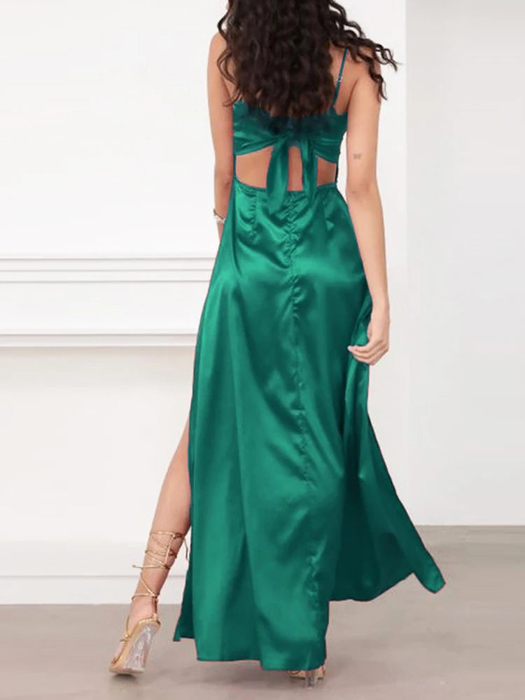 Sexy Long Satin Strapless Maxi Dress Backless Bow Straps Lace-Up Party Gown for Birthday & Graduation in Red & Green