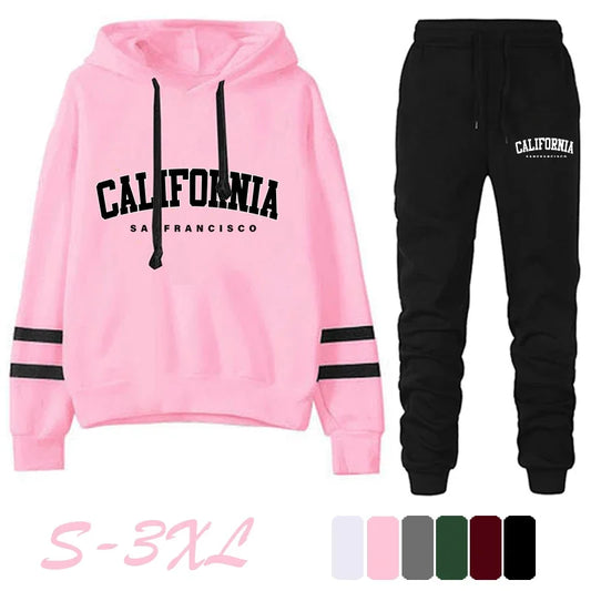 California Women's Tracksuit Casual Striped Hooded Sweatshirt & Pants Set (S-3XL)