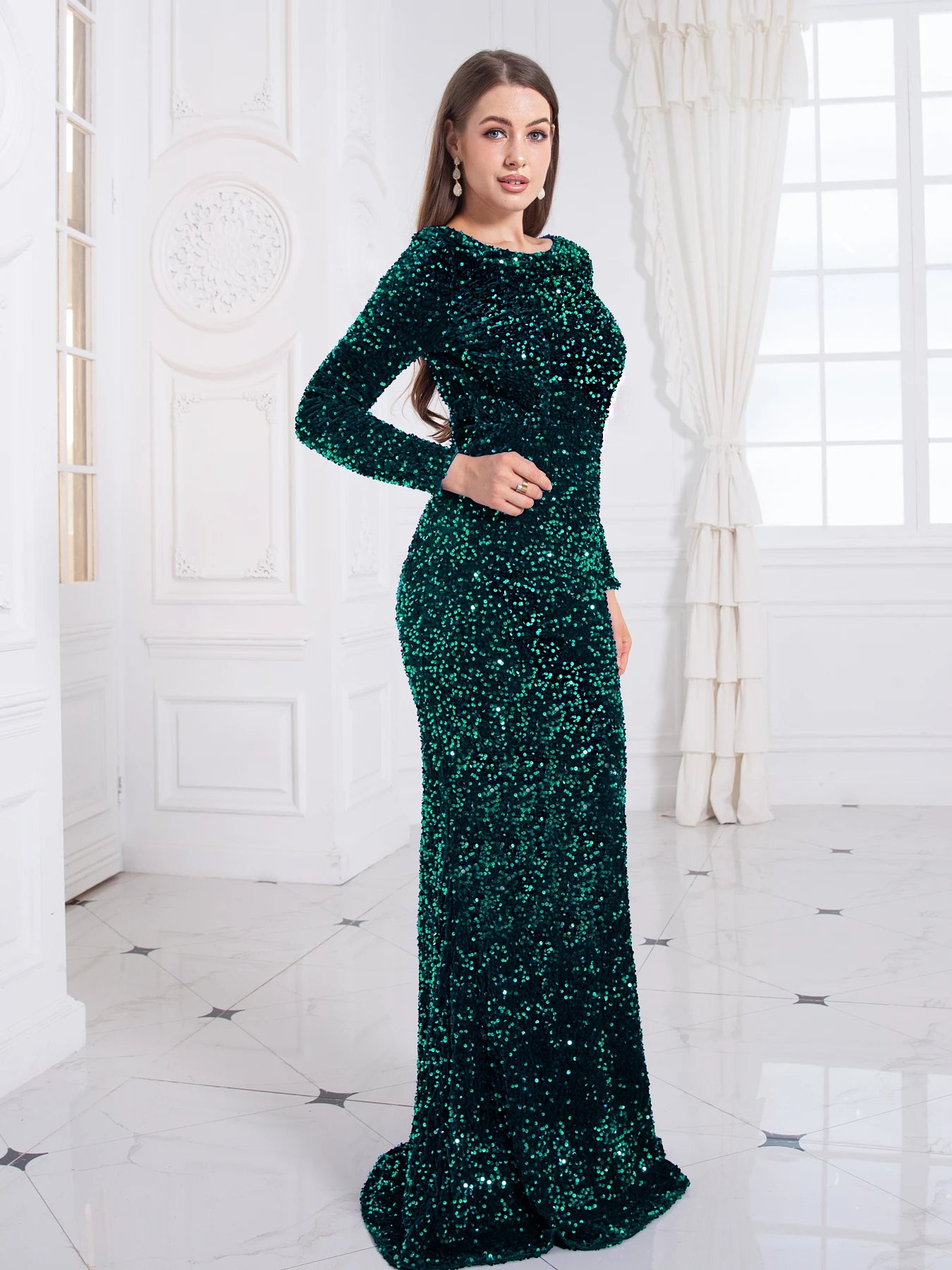 Full Sleeve Stretch Sequin Bodycon Mermaid Evening Dress Floor Length Party Gown Black Green Royal Blue