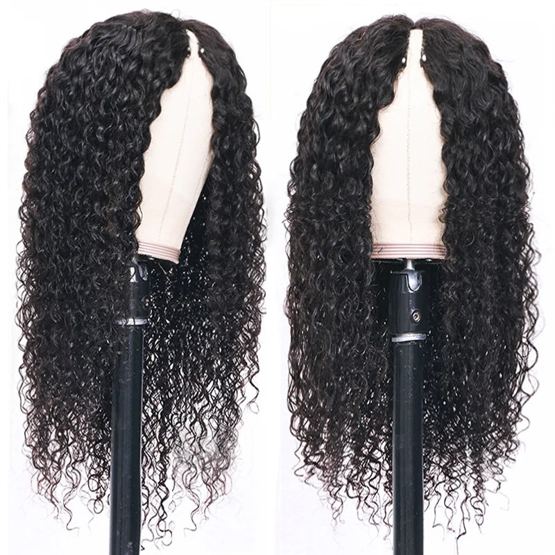 30-32 Inch Deep Wave V/U Part Human Hair Wig No Glue, No Leave Out, Thin Part Peruvian Curly Wig