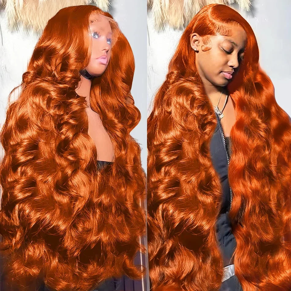 30-34 Inch Body Wave HD Lace Wig Orange Ginger, 13x6 Pre-Plucked Glueless Colored Human Hair Lace Front Wig for Women, 250% Density