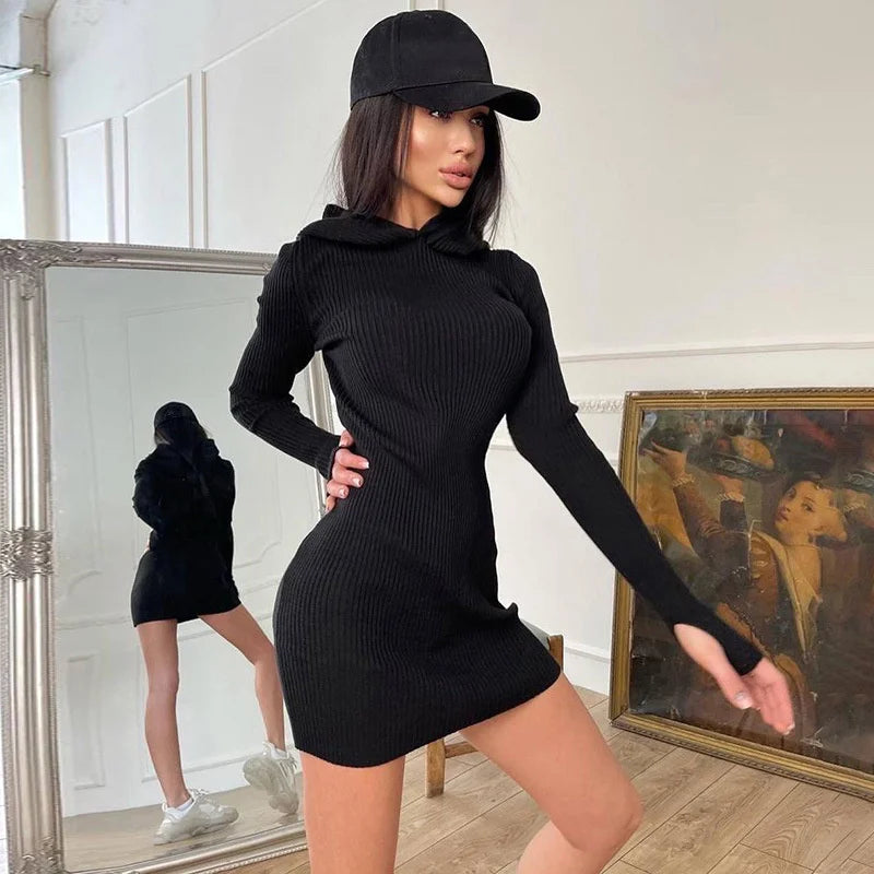 Women's Hooded Knit Bodycon Sweater Dress  Autumn/Winter Fashion Slim Fit Streetwear Mini Dress