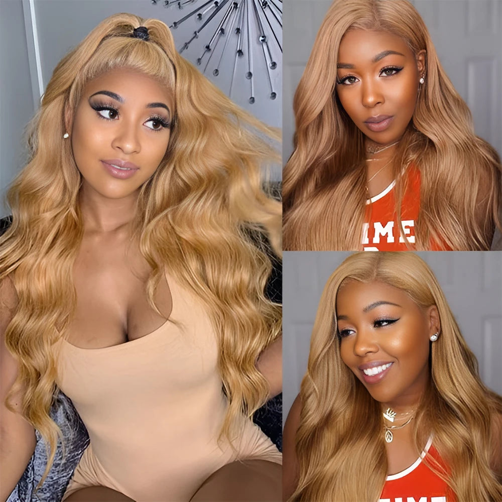 30-34 Inch #27 Honey Blonde Body Wave Lace Front Wig 100% Virgin Human Hair 13x6 HD Transparent Lace 220% Density