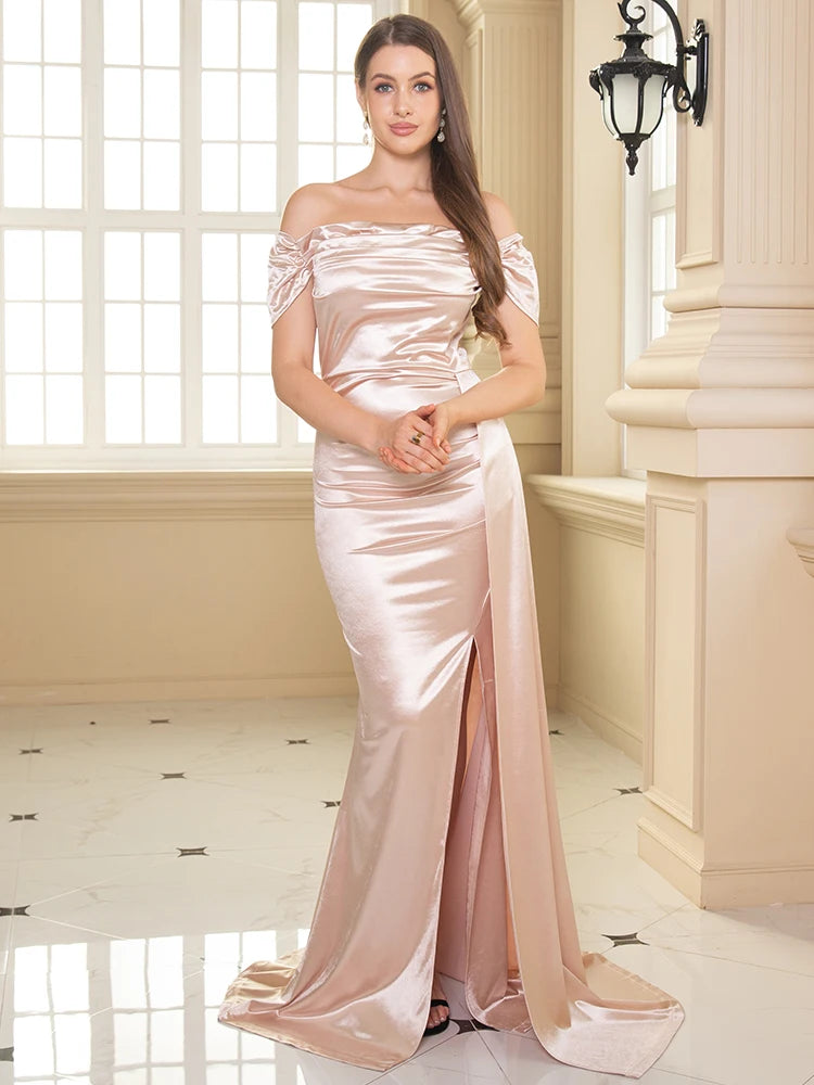 Women's Off-Shoulder Ruched Stretch Satin Bridesmaids Dress Front Split Floor-Length Bodycon Formal Evening Gown