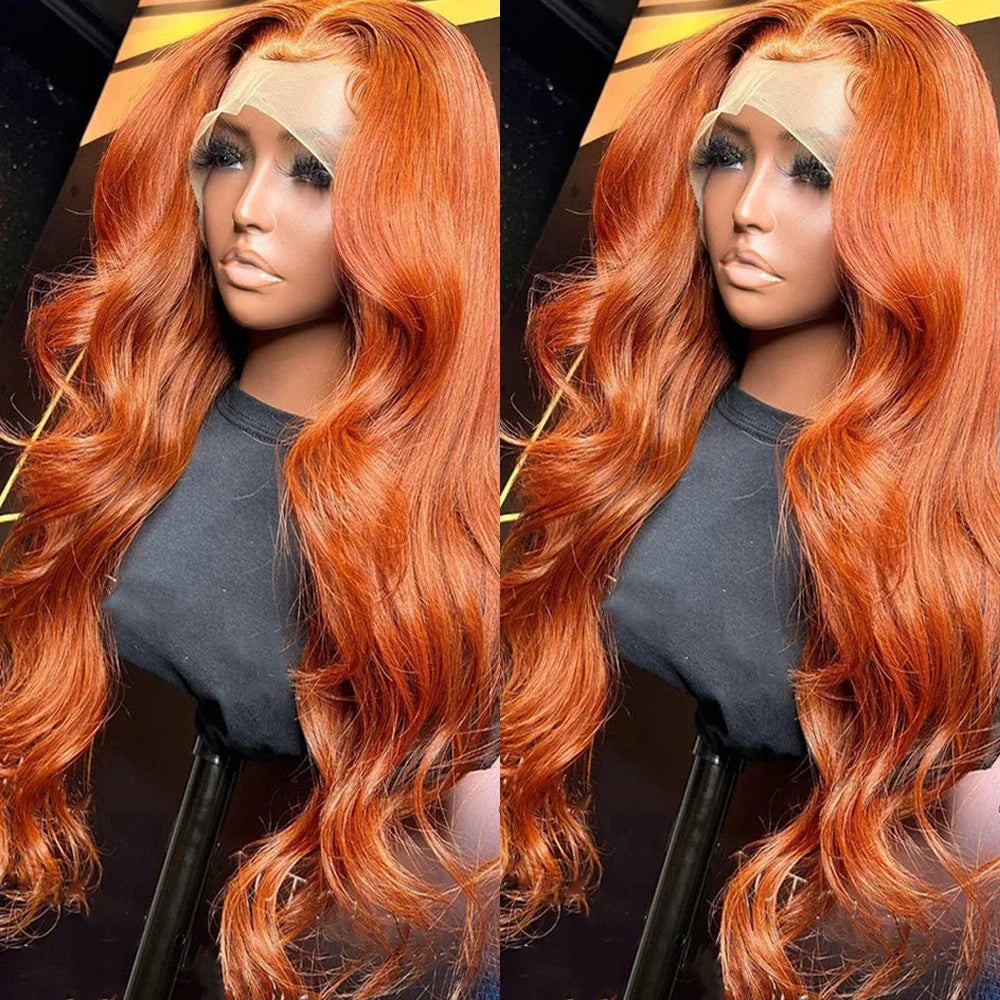 250% Density Body Wave HD Lace Wig in Orange Ginger 13x6 Pre-Plucked Glueless Lace Front Human Hair Wig 30-34 Inch