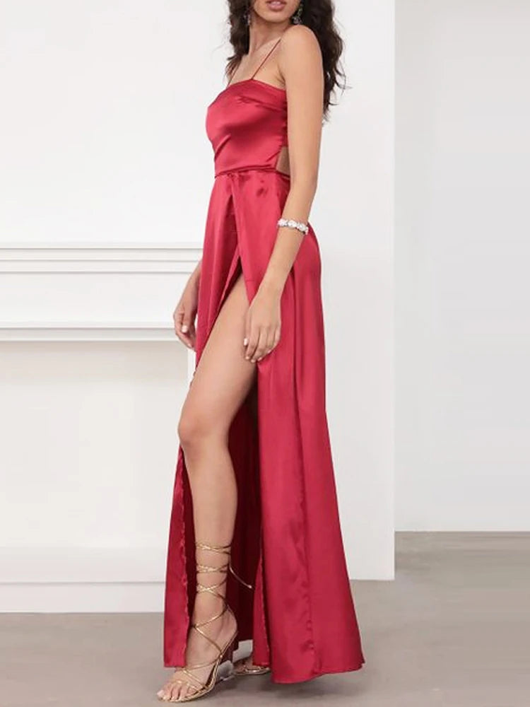 Sexy Long Satin Strapless Maxi Dress Backless Bow Straps Lace-Up Party Gown for Birthday & Graduation in Red & Green