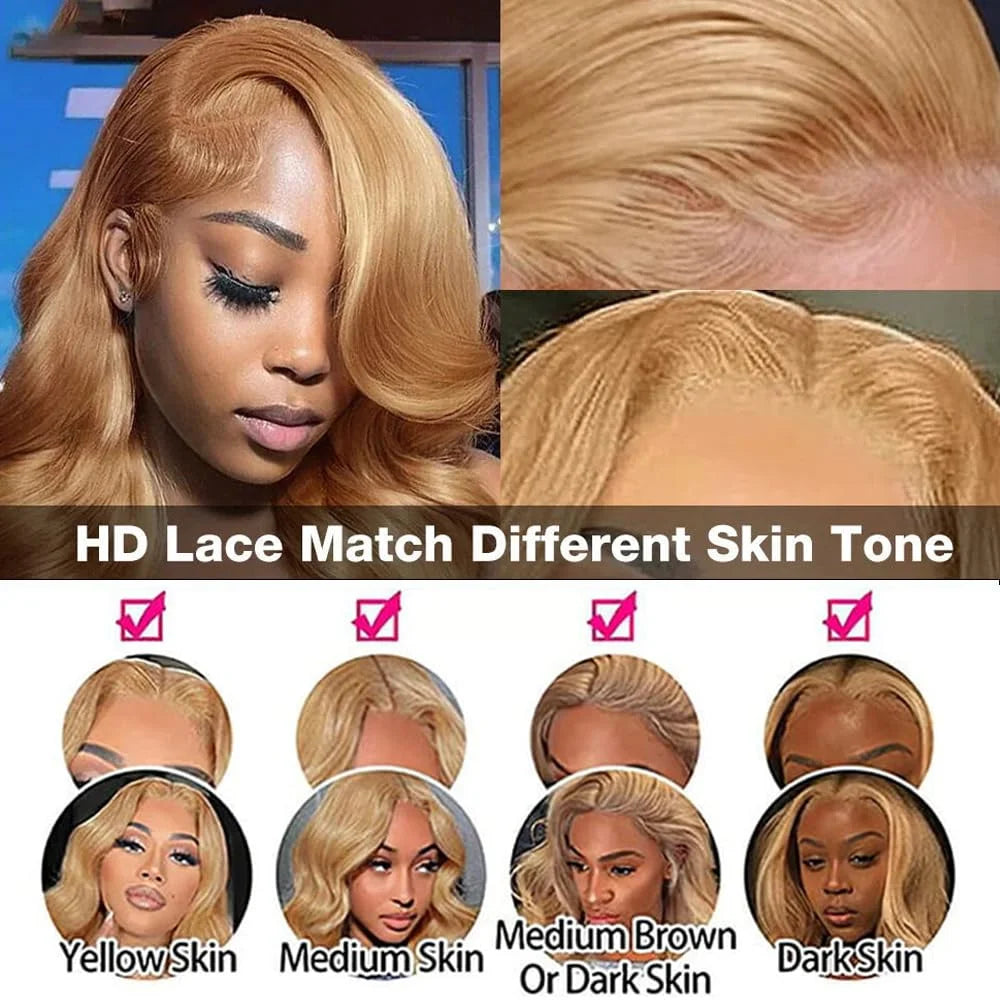 30-34 Inch #27 Honey Blonde Body Wave Lace Front Wig 100% Virgin Human Hair 13x6 HD Transparent Lace 220% Density