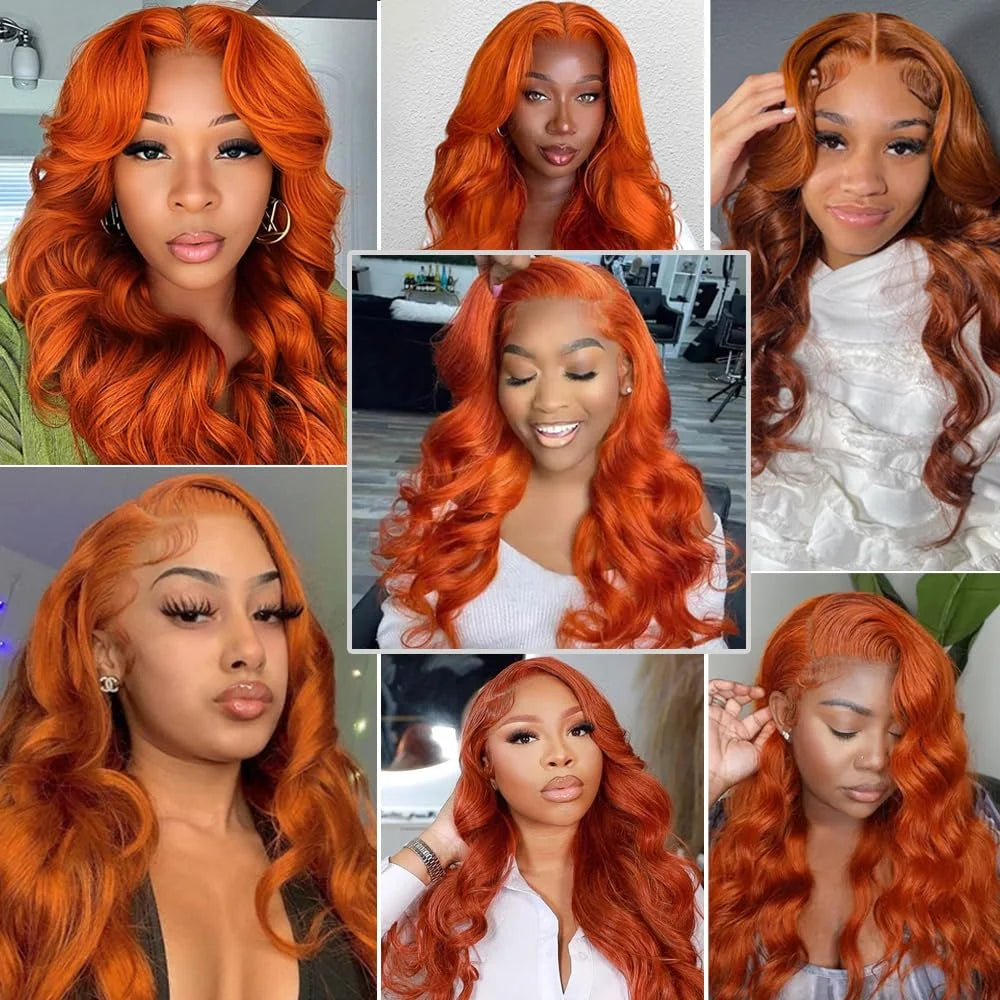 30-34 Inch Body Wave HD Lace Wig Orange Ginger, 13x6 Pre-Plucked Glueless Colored Human Hair Lace Front Wig for Women, 250% Density