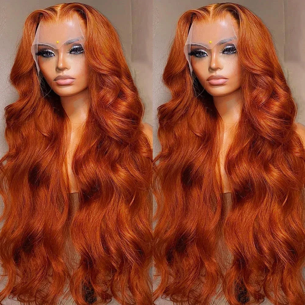 250% Density Body Wave HD Lace Wig in Orange Ginger 13x6 Pre-Plucked Glueless Lace Front Human Hair Wig 30-34 Inch