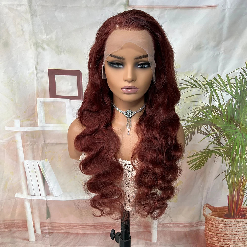 30 Inch #33 Reddish Brown Body Wave Lace Front Wig 220% Density, 13x4 HD Transparent Lace Indian Remy Human Hair