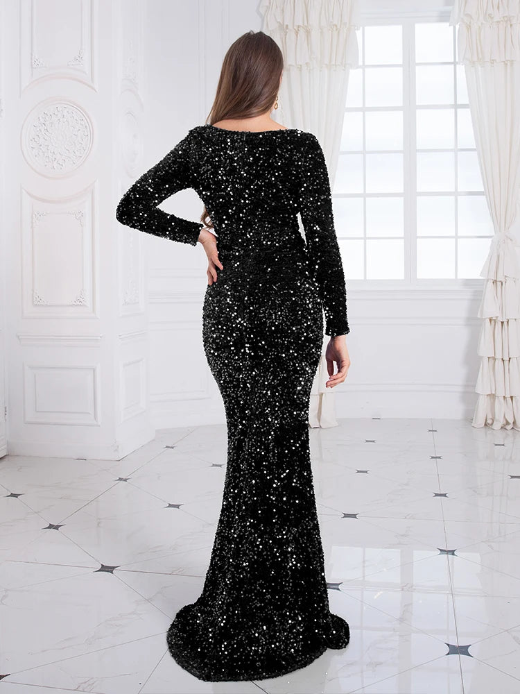 Full Sleeve Stretch Sequin Bodycon Mermaid Evening Dress Floor Length Party Gown Black Green Royal Blue