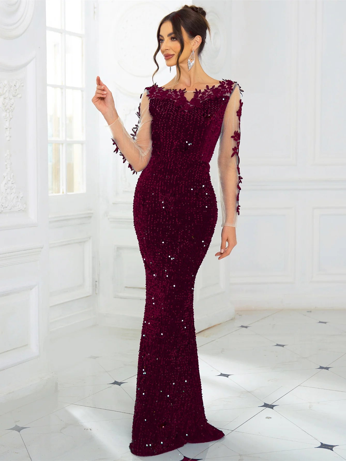 Long Sleeve Evening Maxi Dress Green Burgundy Royal Blue Hollow Out Lace Patchwork Sequin Prom Gown