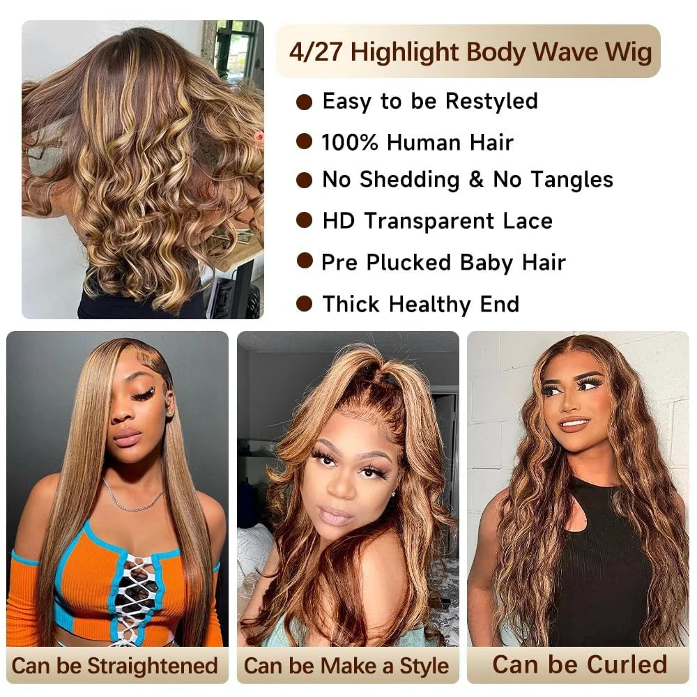 34-36 Inch Ombre Body Wave Lace Front Wig 13x4 & 13x6 200% Density Highlighted Brown Human Hair Wig