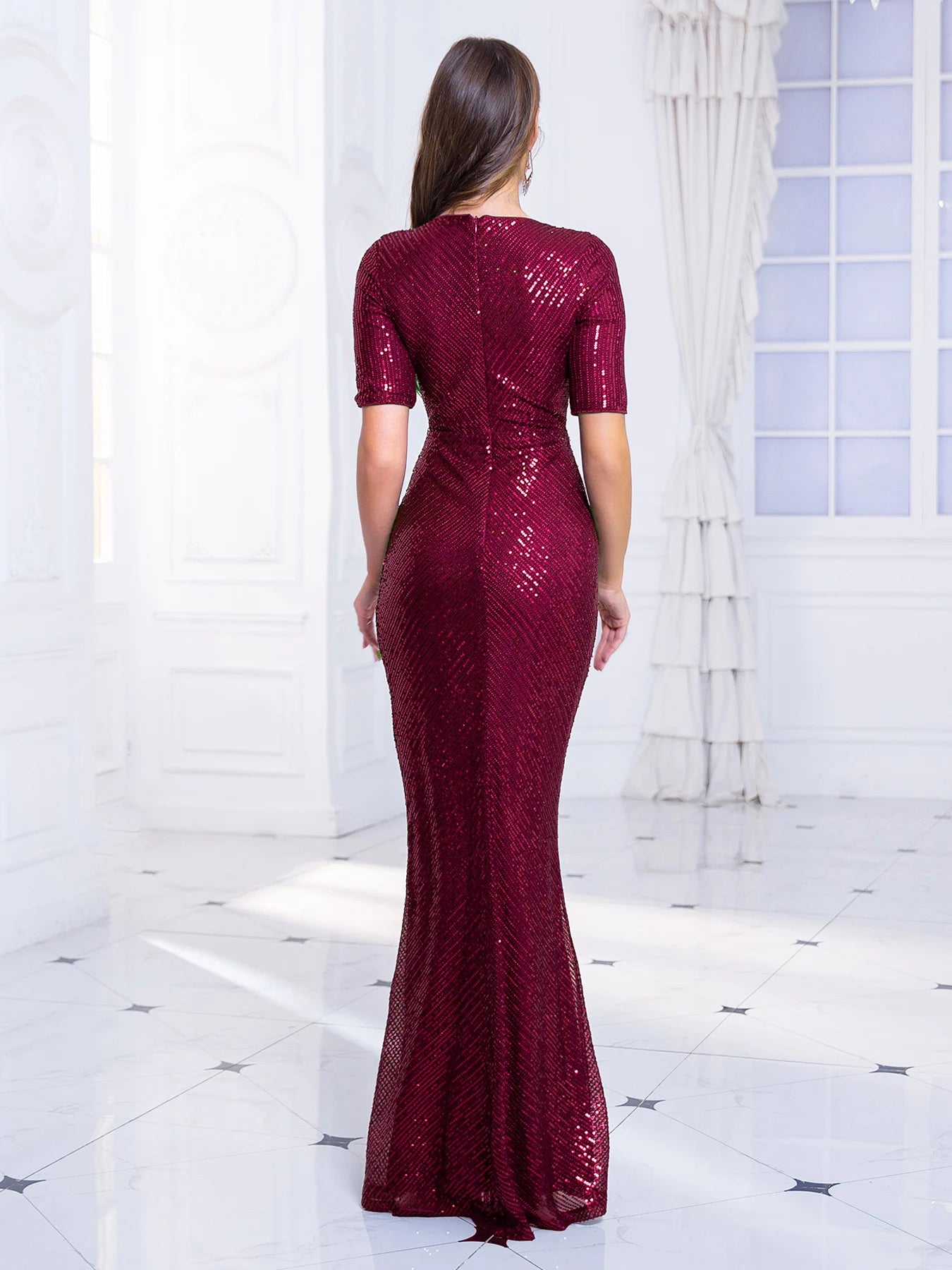 Sweetheart Neck Half-Sleeve Sequined Stretchy Maxi Dress Classic Floor Length Evening & Prom Gown